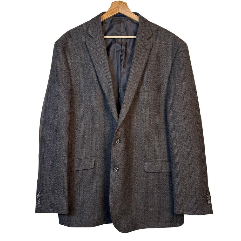 Jos A Bank Washington Wool Glen Plaid Blazer Sz 48L Elbow Patches Olive Heater